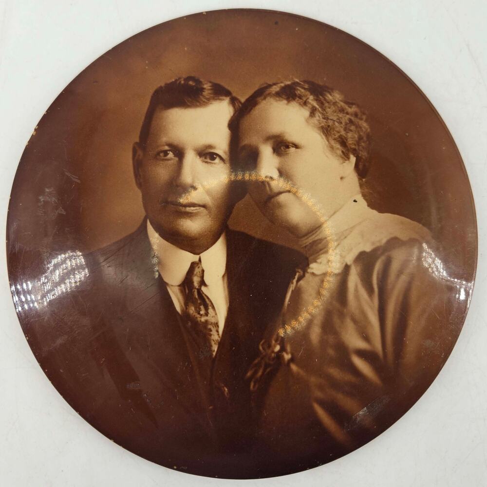Antique Studio Photograph instant family couple sepia Celluloid Button Tin